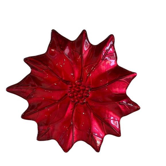 4 Akcam Turkish Glass Red Shimmer Poinsettia 8" Plate Set of 4 Christmas Holiday - Picture 16 of 16